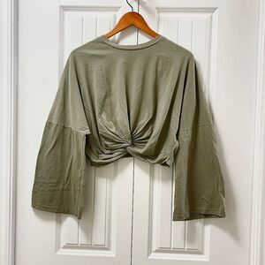 OAK + FORT Flared Wrap Knot Crop Top Green - O/S